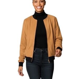 It Girl Womens Tan Faux Suede Microfiber Bomber Jacket Black Trim Size‎ Large
